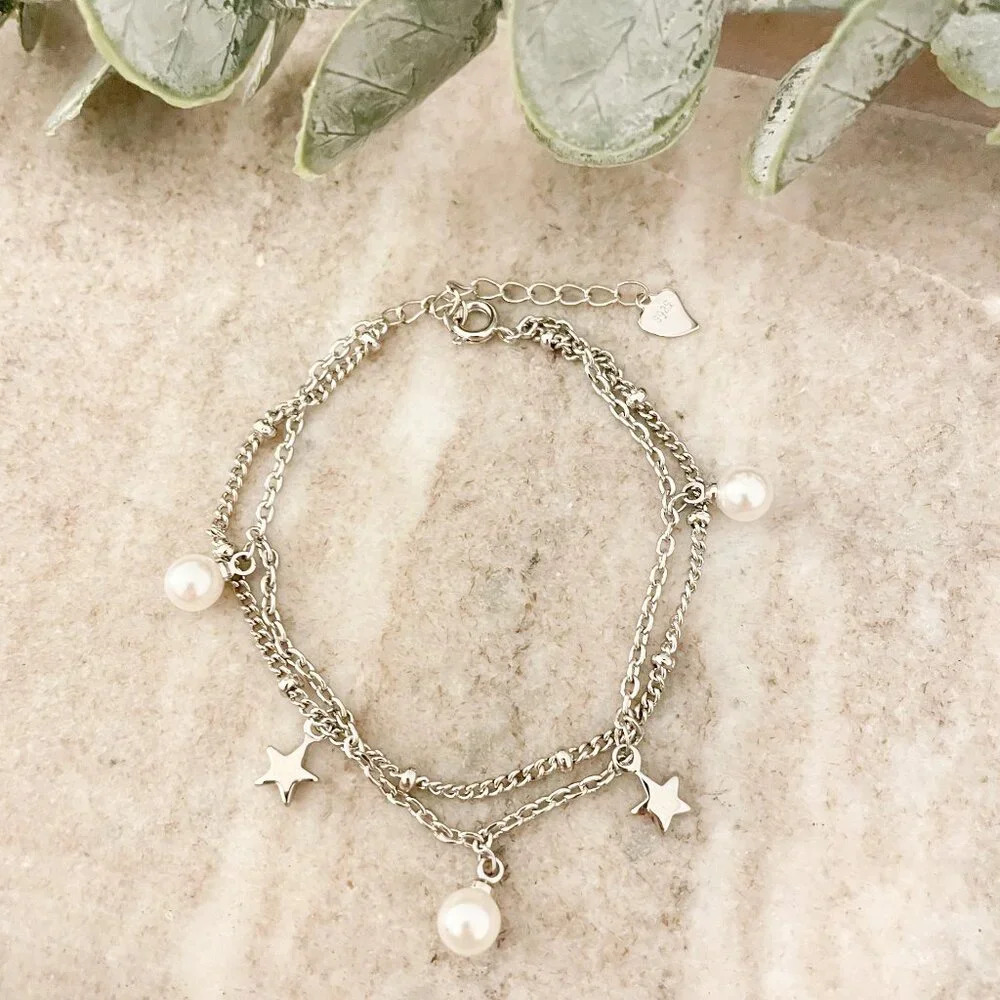925 Sterling Silver Pearl & Star Multi Layer Bracelet Dainty Bracelet